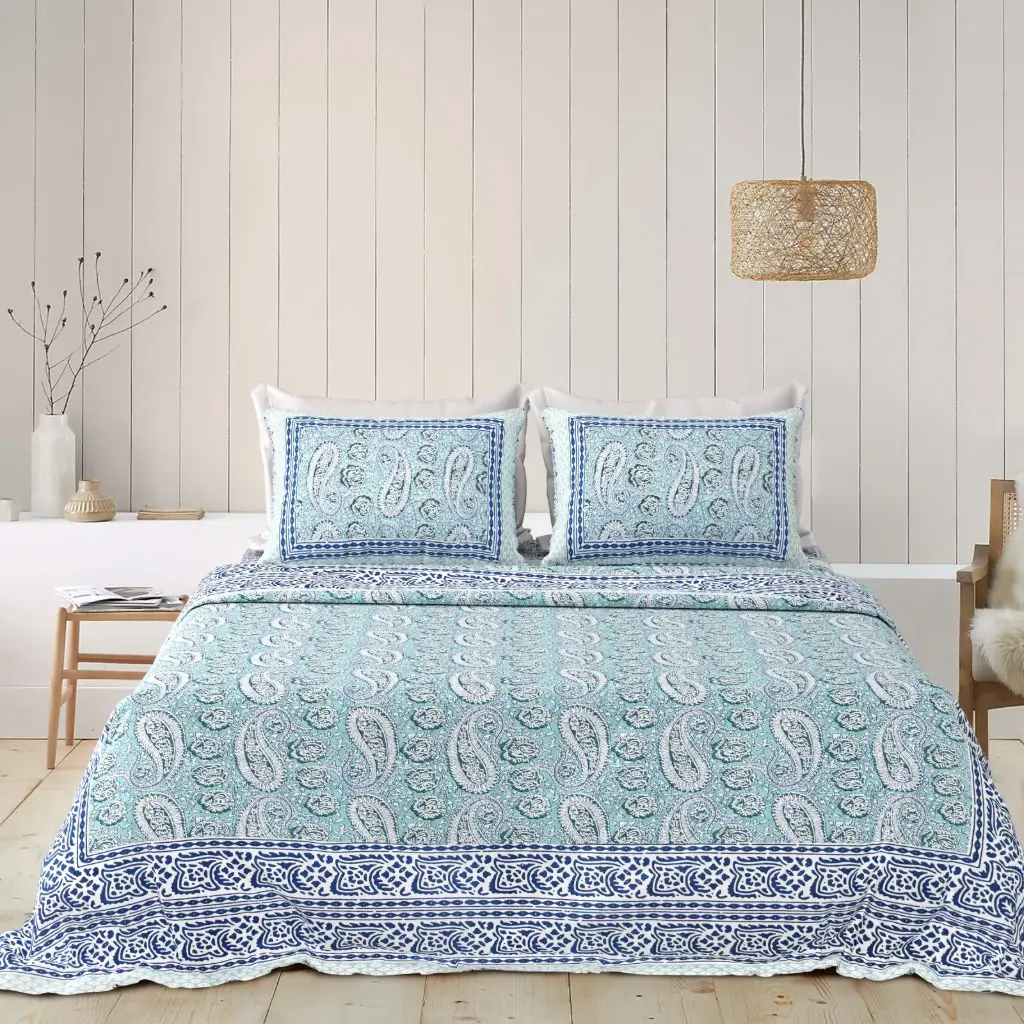 BLUE/Super Home Stylish 93x108 Pure Cotton Double Bedsheet with Pillow Covers