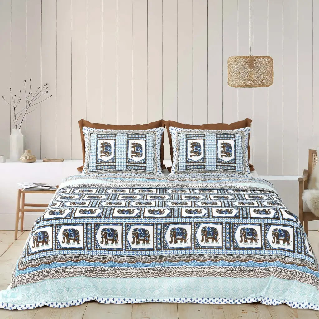 BLUE BLOCKS/Super Home Elegant Print Pure Cotton Bedsheet 93x108 with 2 Pillow Covers