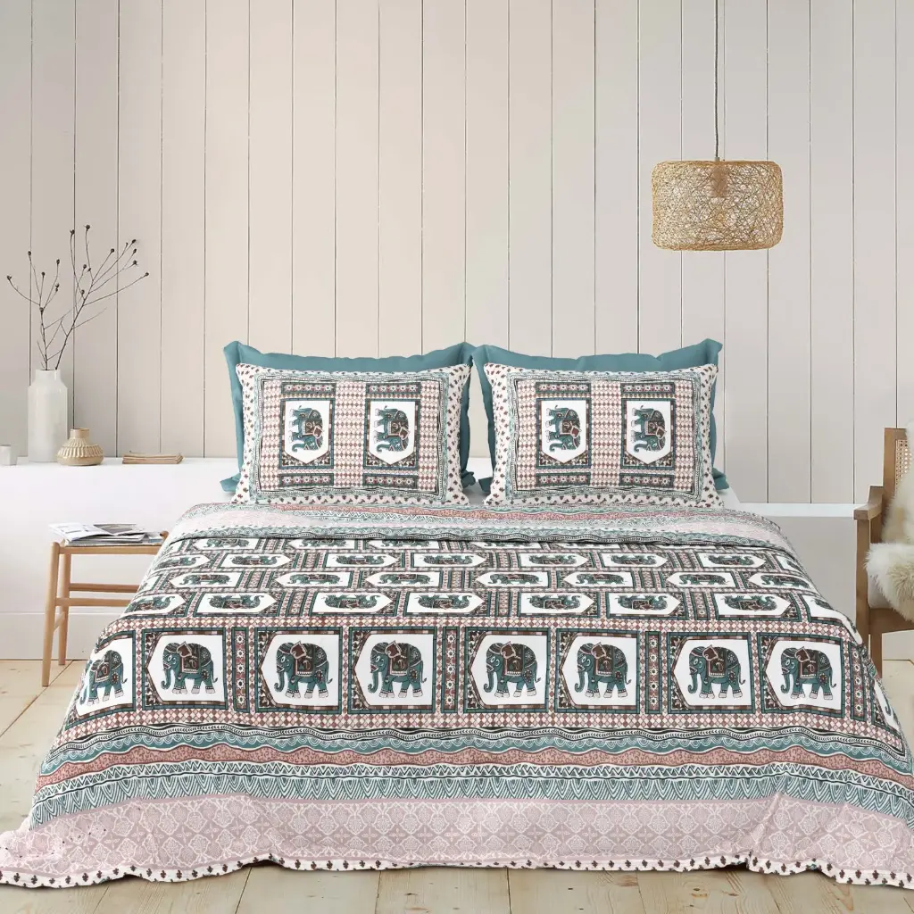 GREEN BLOCKS/Super Home Breathable Pure Cotton Bedsheet 93x108 for Double Bed with Pillow Covers