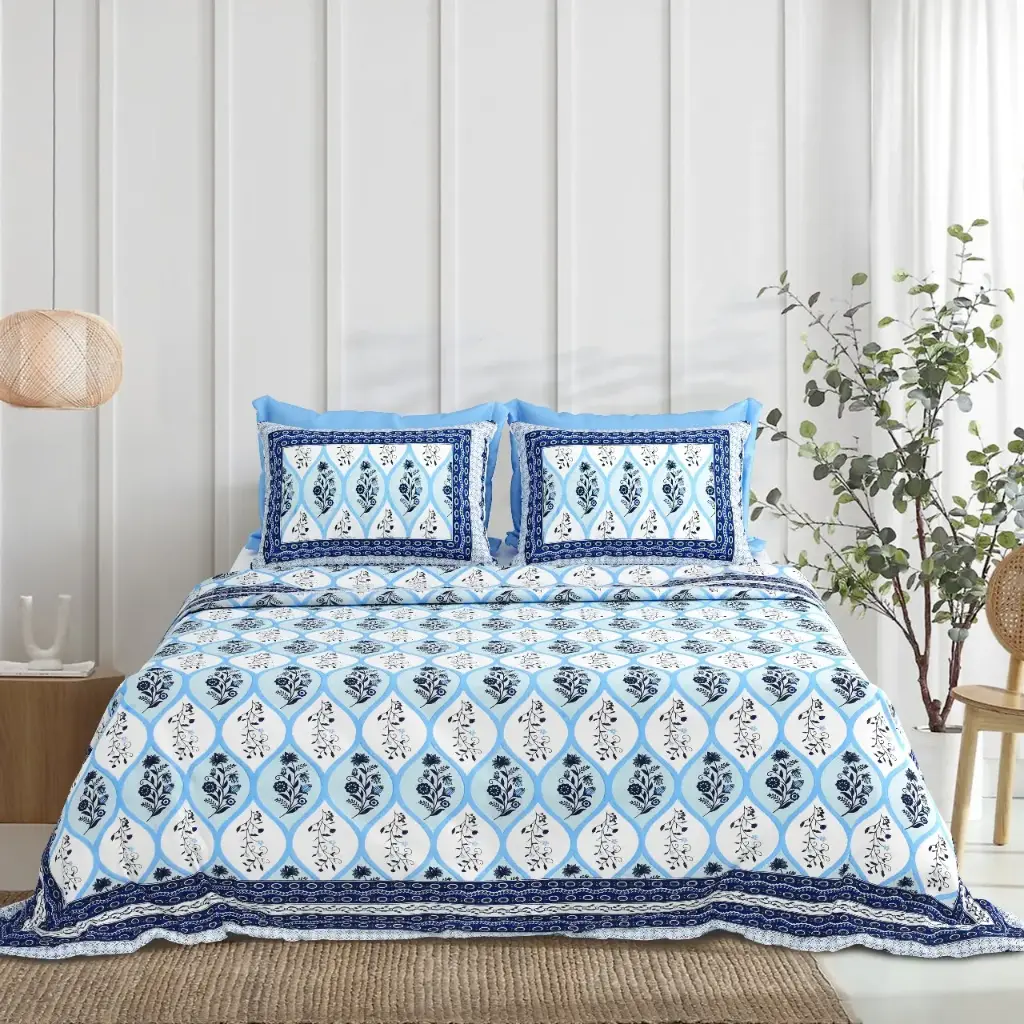 BLUE/Super Home Soft & Breathable Cotton Bedsheet 93x108 Inches with Pillow Covers