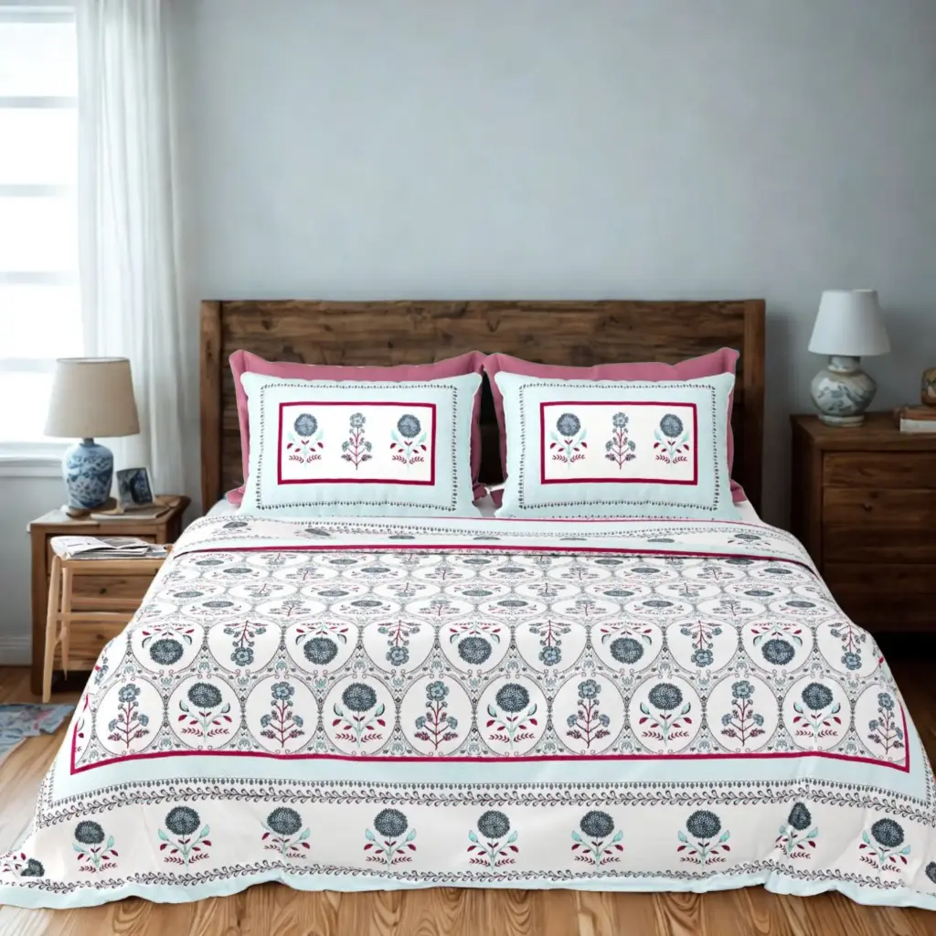 White & Pink| Super King Size Pure Cotton Bedsheet 108x108 with 2 Pillow Covers – Ethnic Print