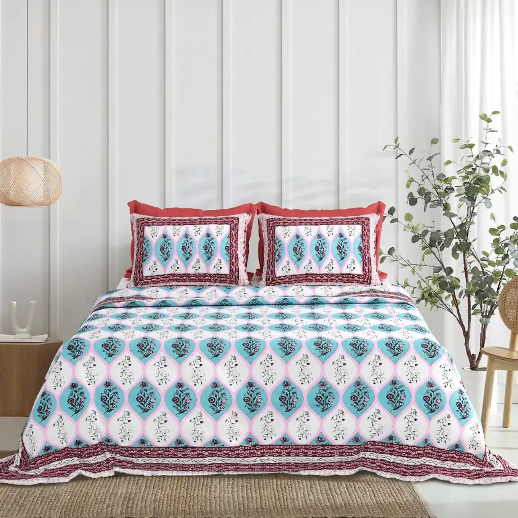 BLUE & PINK/Super Home High Quality Pure Cotton Bedsheet 93x108 Inches + Pillow Covers