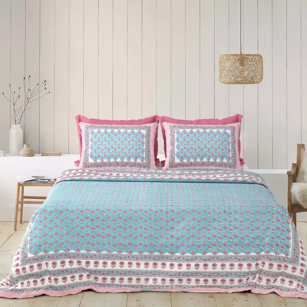 BLUE/Super Home Durable 93x108 Pure Cotton Bedsheet with 2 Pillow Covers