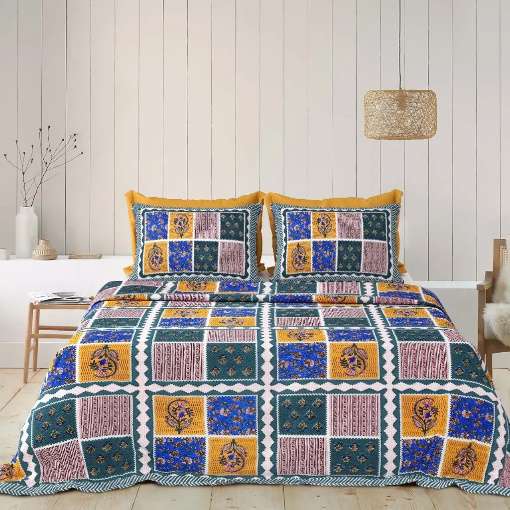 BLUE/YELLOW/Super Home Breathable Pure Cotton Bedsheet 93x108 for Double Bed with Pillow Covers