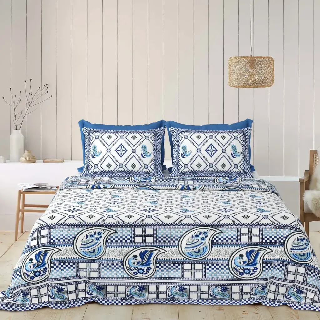 BLUE/Super Home Breathable Pure Cotton Bedsheet 93x108 for Double Bed with Pillow Covers