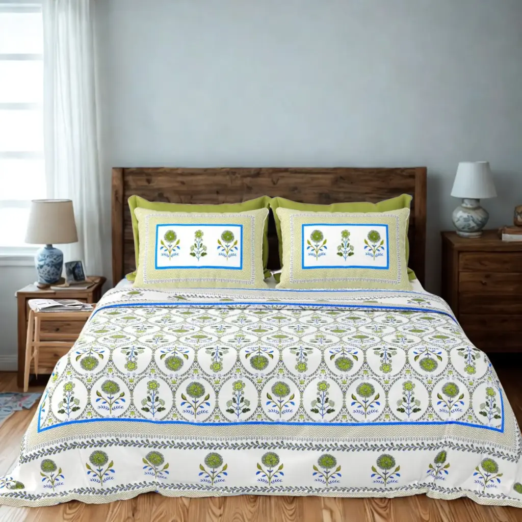 White & Green| Super King Size Pure Cotton Bedsheet 108x108 with 2 Pillow Covers – Ethnic Print