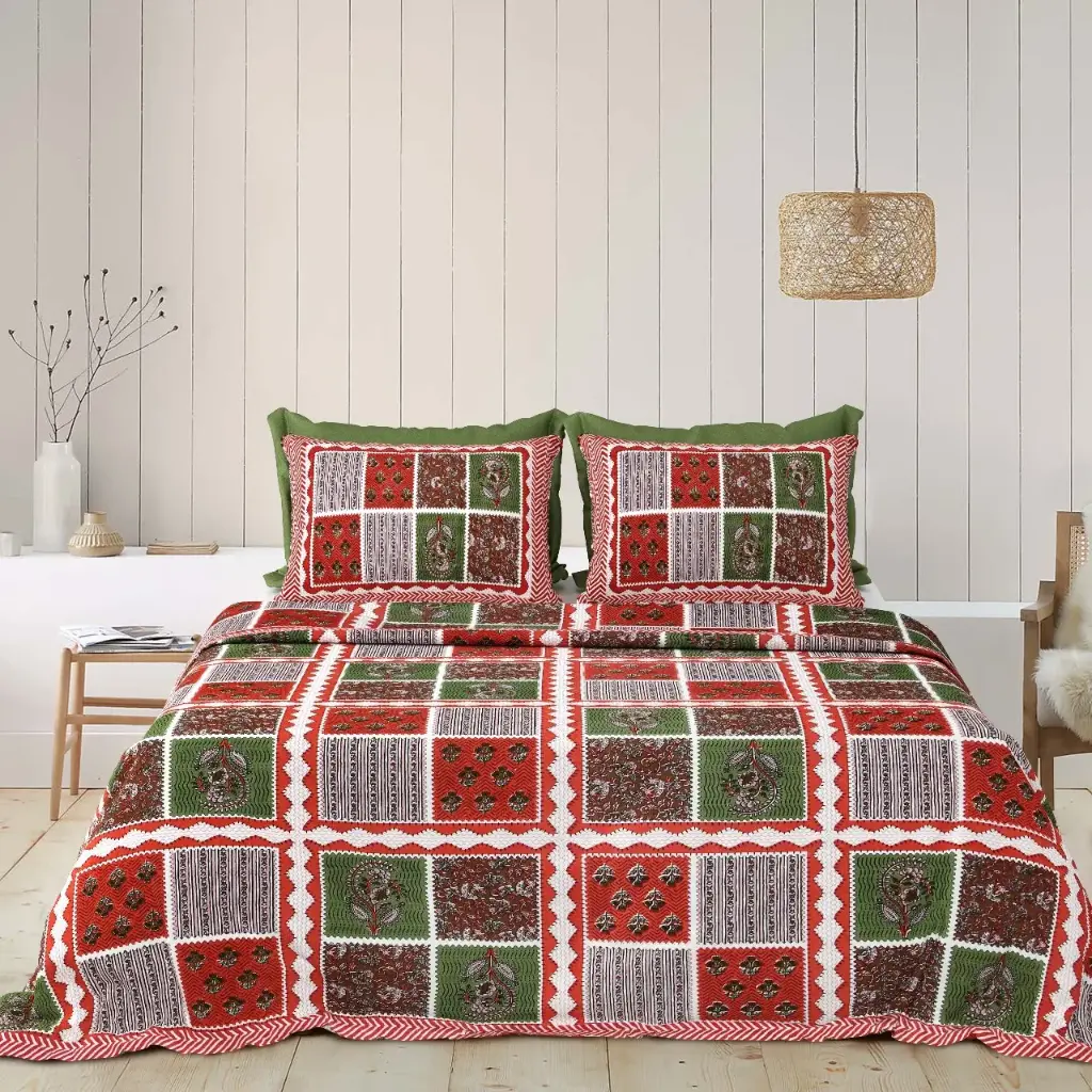 RED BLOCKS/Super Home Stylish 93x108 Pure Cotton Double Bedsheet with Pillow Covers