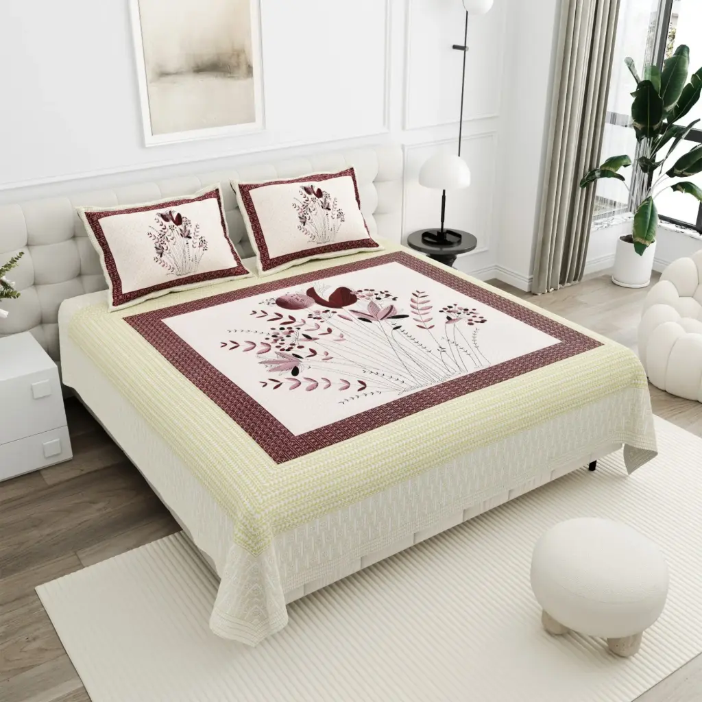 ivory/Super Home Comfortable Cotton Bedsheet 100x108 Inches with Pillow Covers