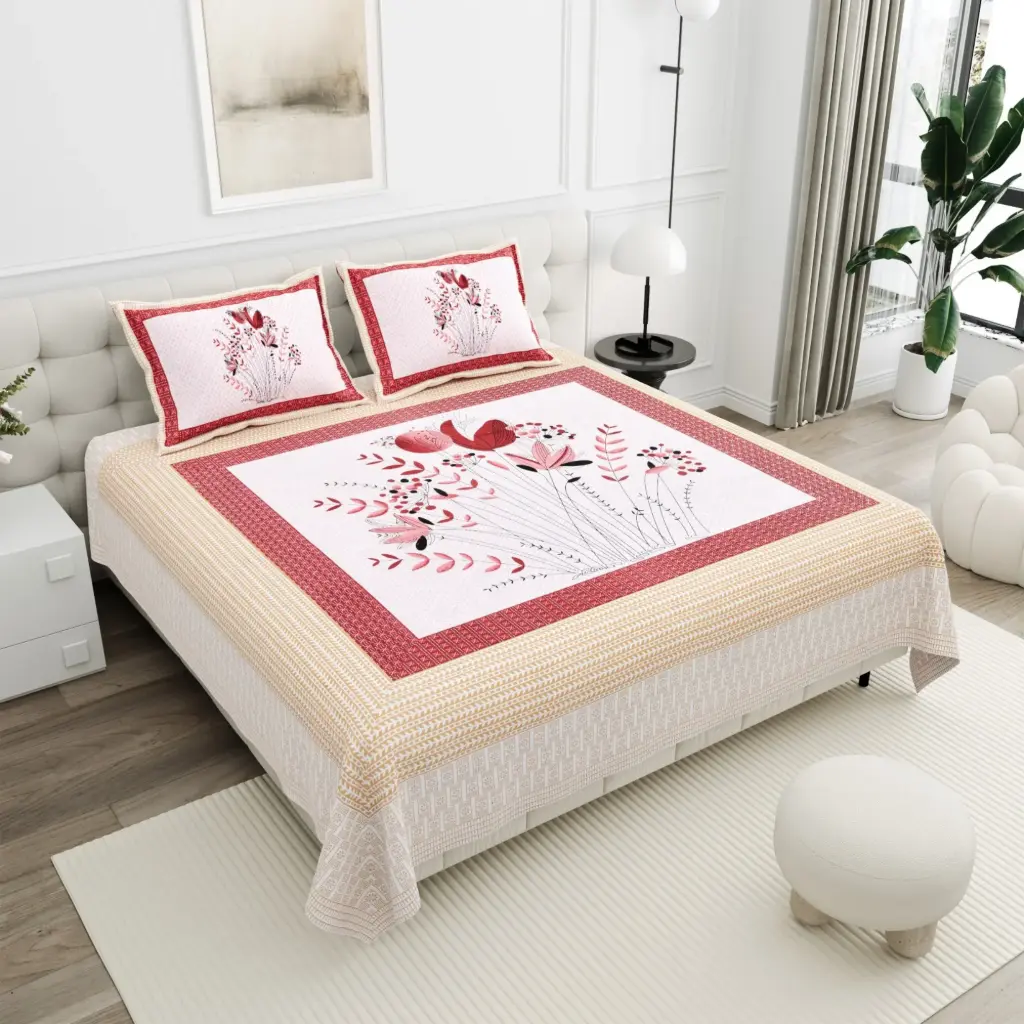 RED/Super Home Luxury Pure Cotton Bedsheet 100x108 Inches with 2 Pillow Covers