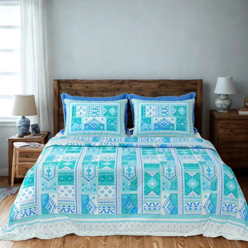Teal Patch design | Ethnic Print Cotton Bedsheet Super King Size with 2 Pillow Covers – Jaipuri Style