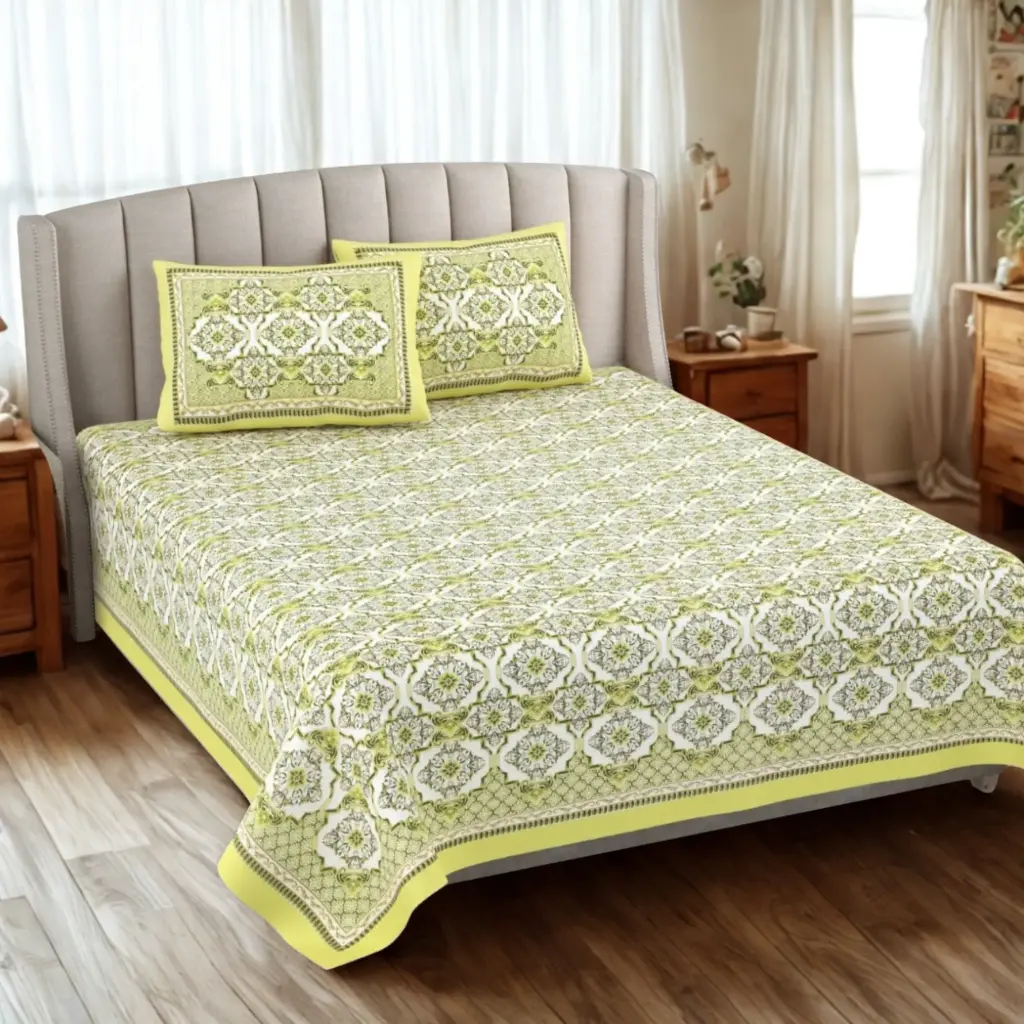 NEON YELLOW/Super Home 93x108 Inches Pure Cotton Bedsheet with 2 Pillow Covers – Soft & Breathable Fabric