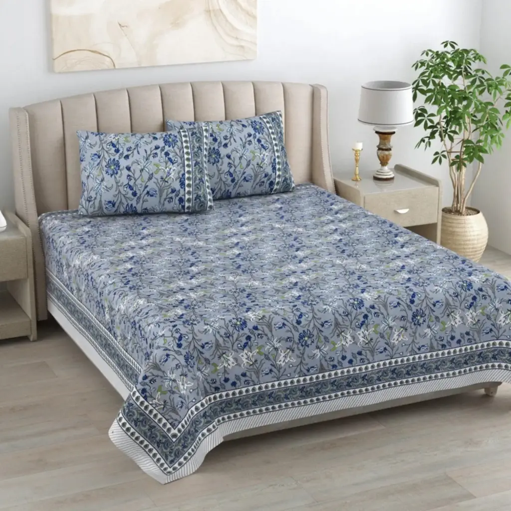 GRAY & BLUE/Super Home Large Size 93x108 Inches Cotton Bedsheet with 2 Pillow Covers for Bedroom