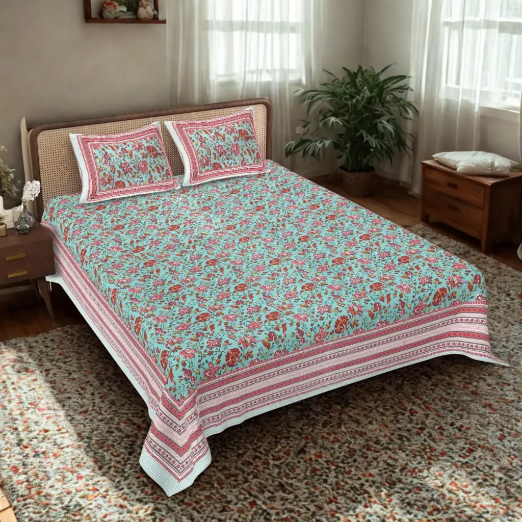 GREEN/PINK/Super Home Pure Cotton 93x108 Inch Bedsheet with 2 Pillow Covers – Perfect for All Seasons