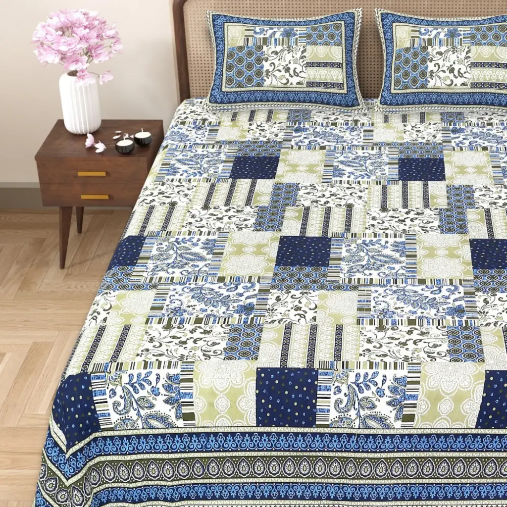 BLACK/GRAY/Super Home 93x108 Pure Cotton Bedsheet Set with 2 Pillow Covers – Modern & Classic Prints