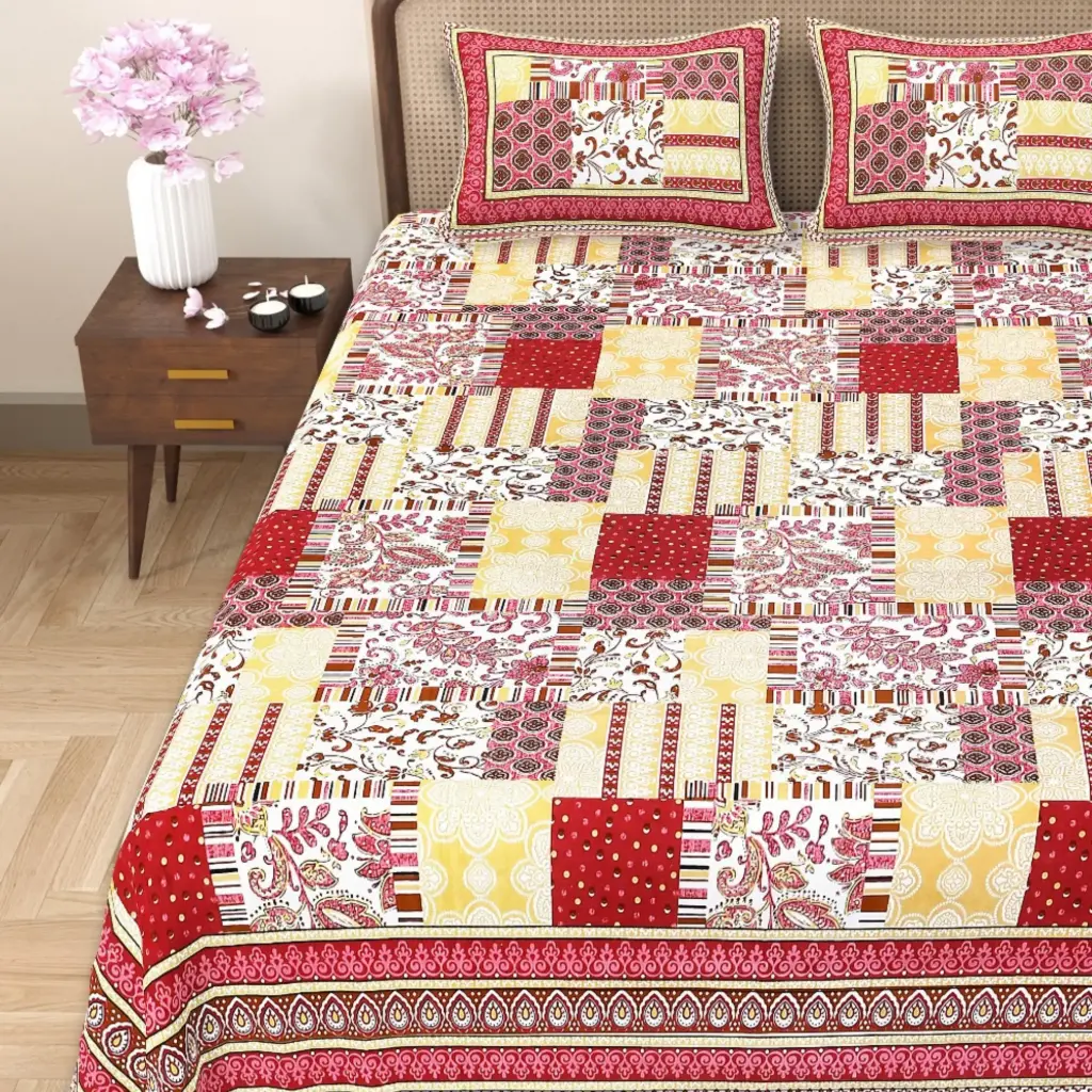 RED/Super Home Cotton 93x108 Inch Bedsheet with 2 Pillow Covers – Premium Quality Fabric