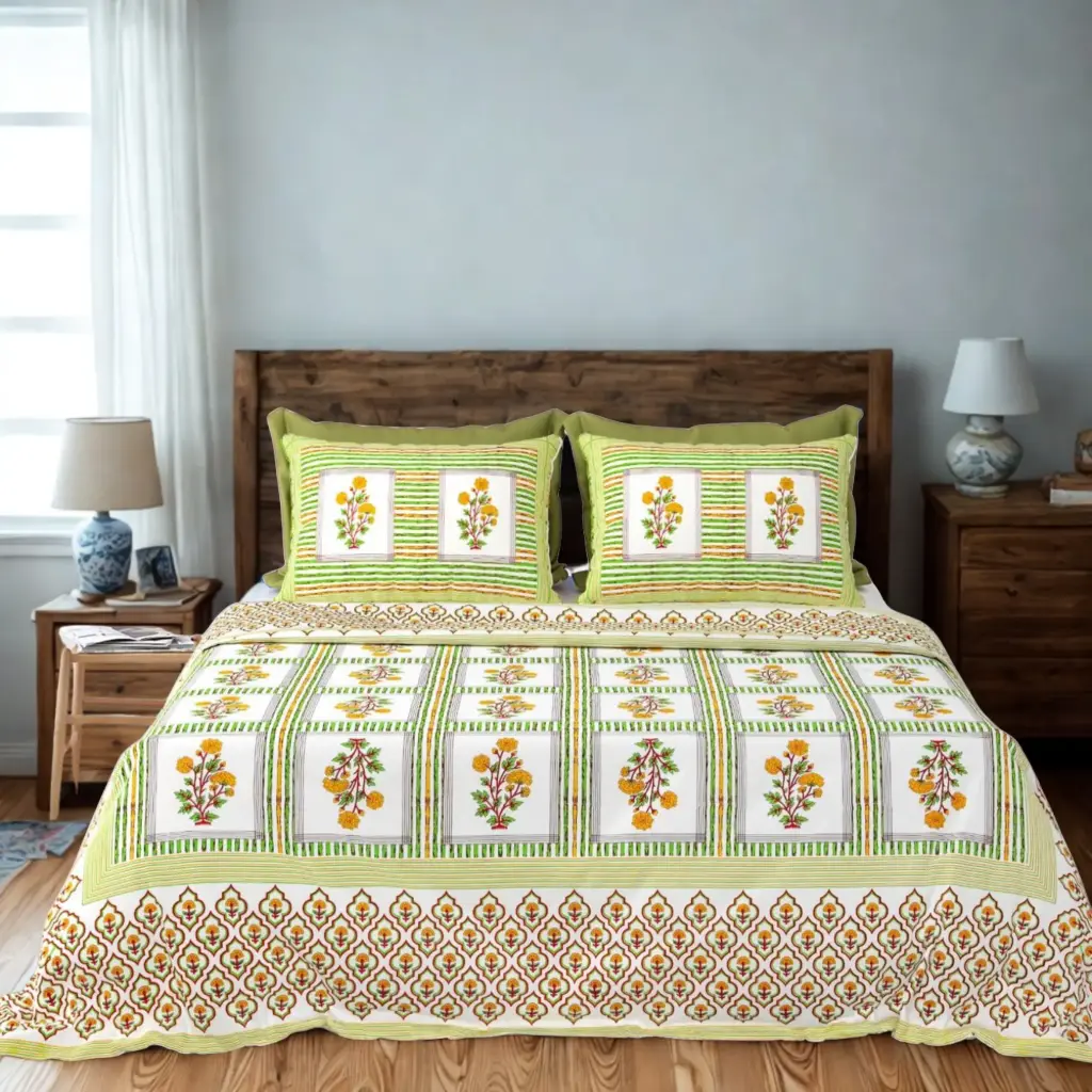 Green & Orange | Premium Pure Cotton Bedsheet Super King Size 108x108 Inches + 2 Pillow Covers