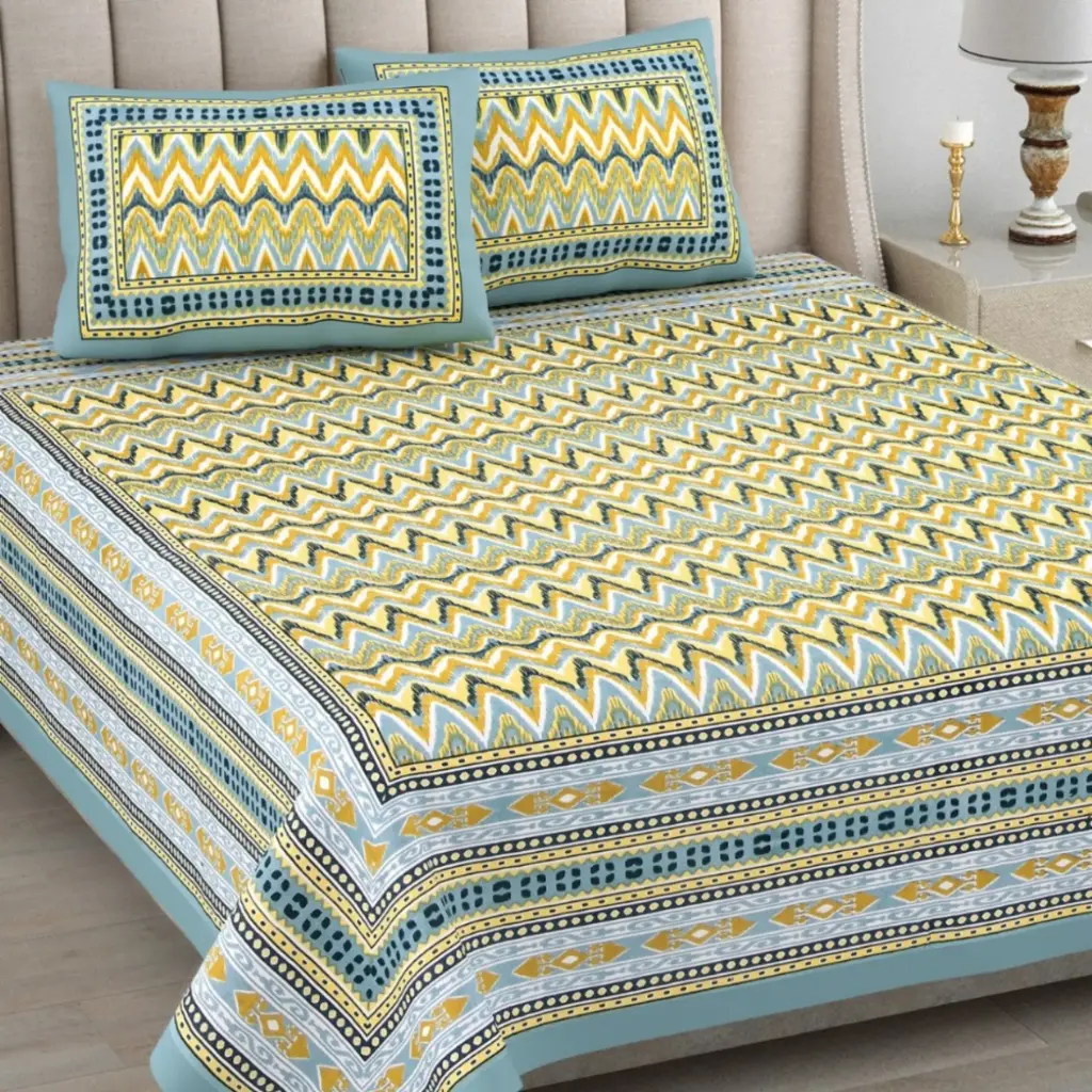 yellow/Super Home Stylish 93x108 Inches Cotton Bedsheet with 2 Pillow Covers