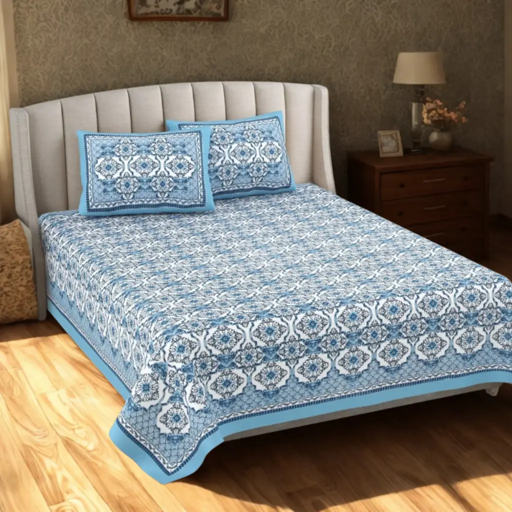 blue/Super Home Luxury 93x108 Inches Cotton Double Bedsheet with Pillow Covers