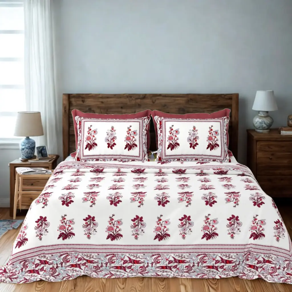 White & Purple| Jaipuri Super King Cotton Bedsheet with 2 Pillow Covers – 108x108 Inches