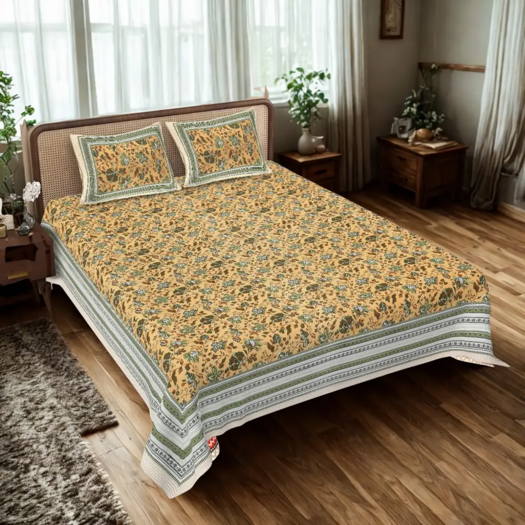 YELLOW/Super Home Soft Touch 93x108 Inches Cotton Bedsheet with Pillow Covers