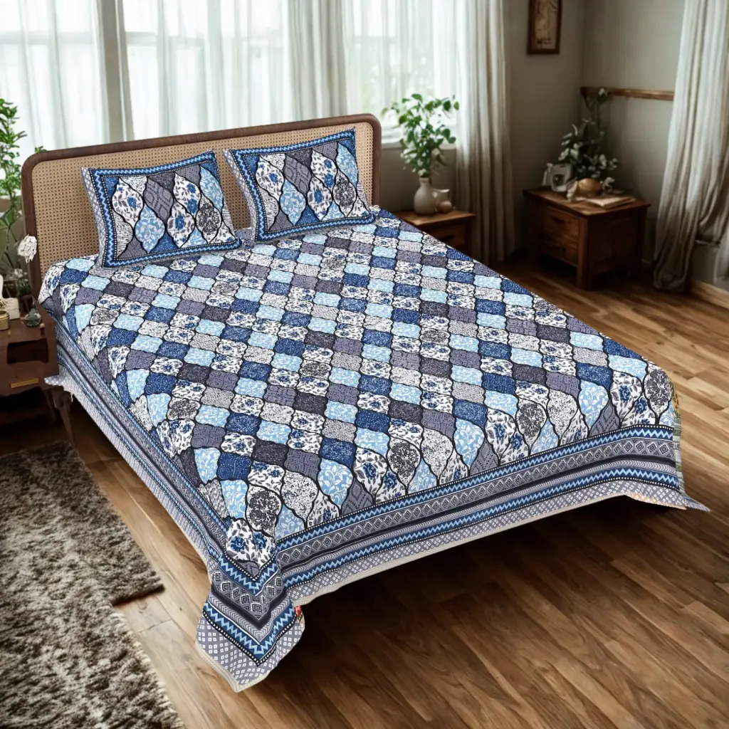 BLUE/Super Home Soft Touch 93x108 Inches Cotton Bedsheet with Pillow Covers