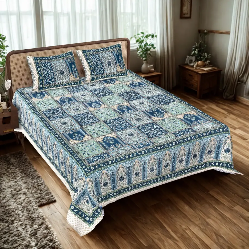BLUE & GREEN/Super Home 93x108 Inches Soft & Breathable Cotton Bedsheet with Pillow Covers