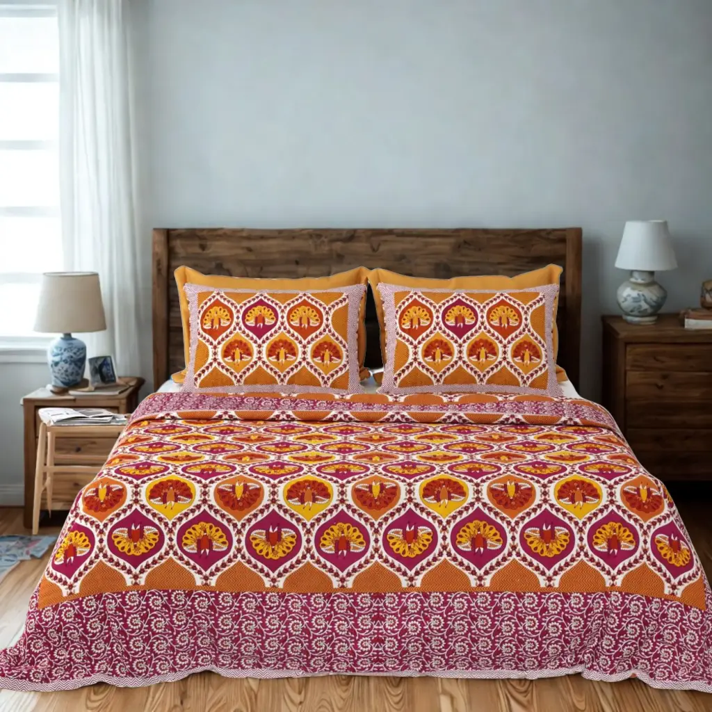 Burnt Orange | Handcrafted Rajasthani Cotton Bedsheet 108x108 with Pillow Covers – Super King