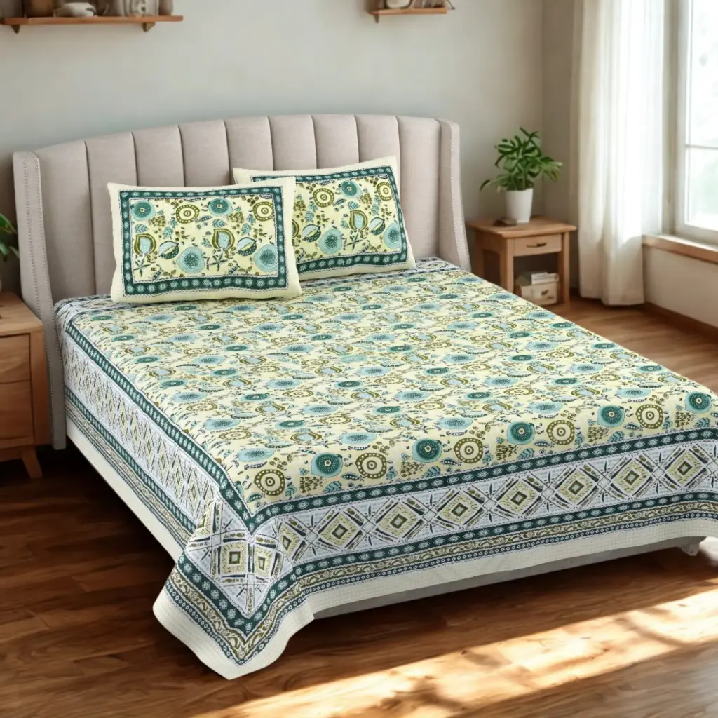 green/Super Home Premium 93x108 Inches Cotton Bedsheet with Pillow Covers