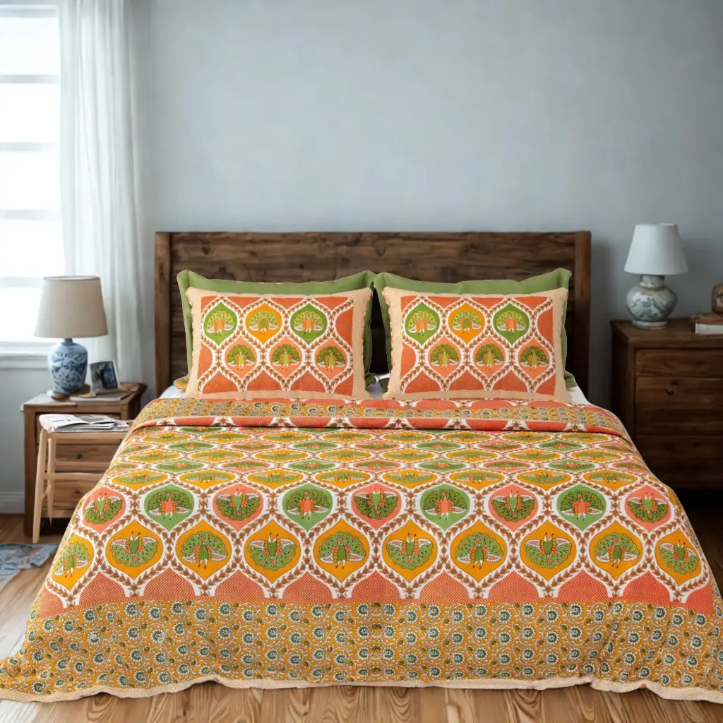 Green & Orange| Soft & Breathable Cotton Bedsheet Super King 108x108 with Pillow Covers