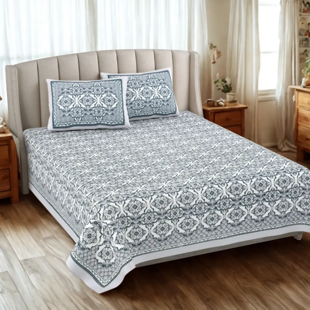 GRAY/Super Home Pure Cotton King Size Double Bedsheet 93x108 with Pillow Covers