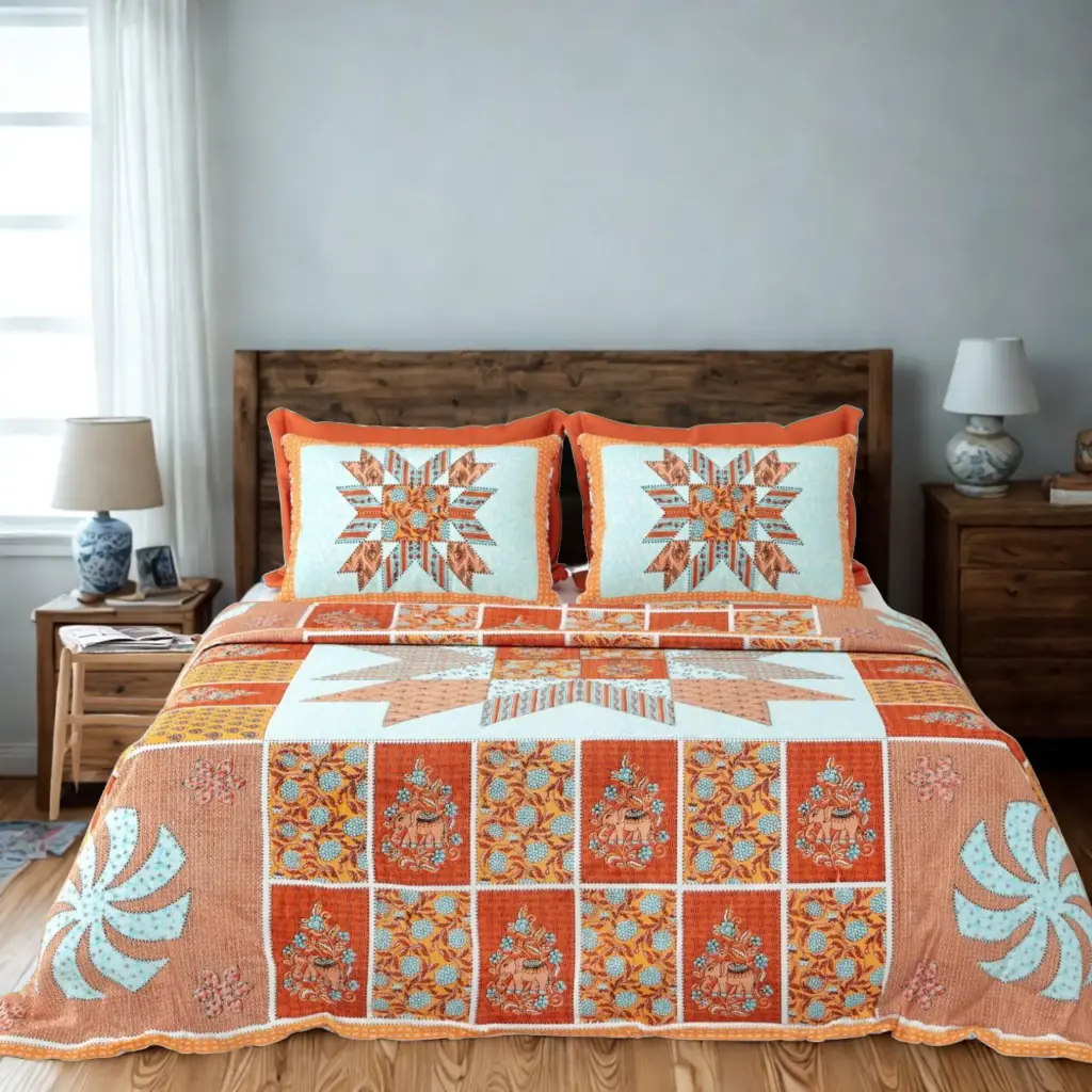 Orange & White|  Ethnic Rajasthani Print Super King Cotton Bedsheet 108x108 with 2 Pillow Covers