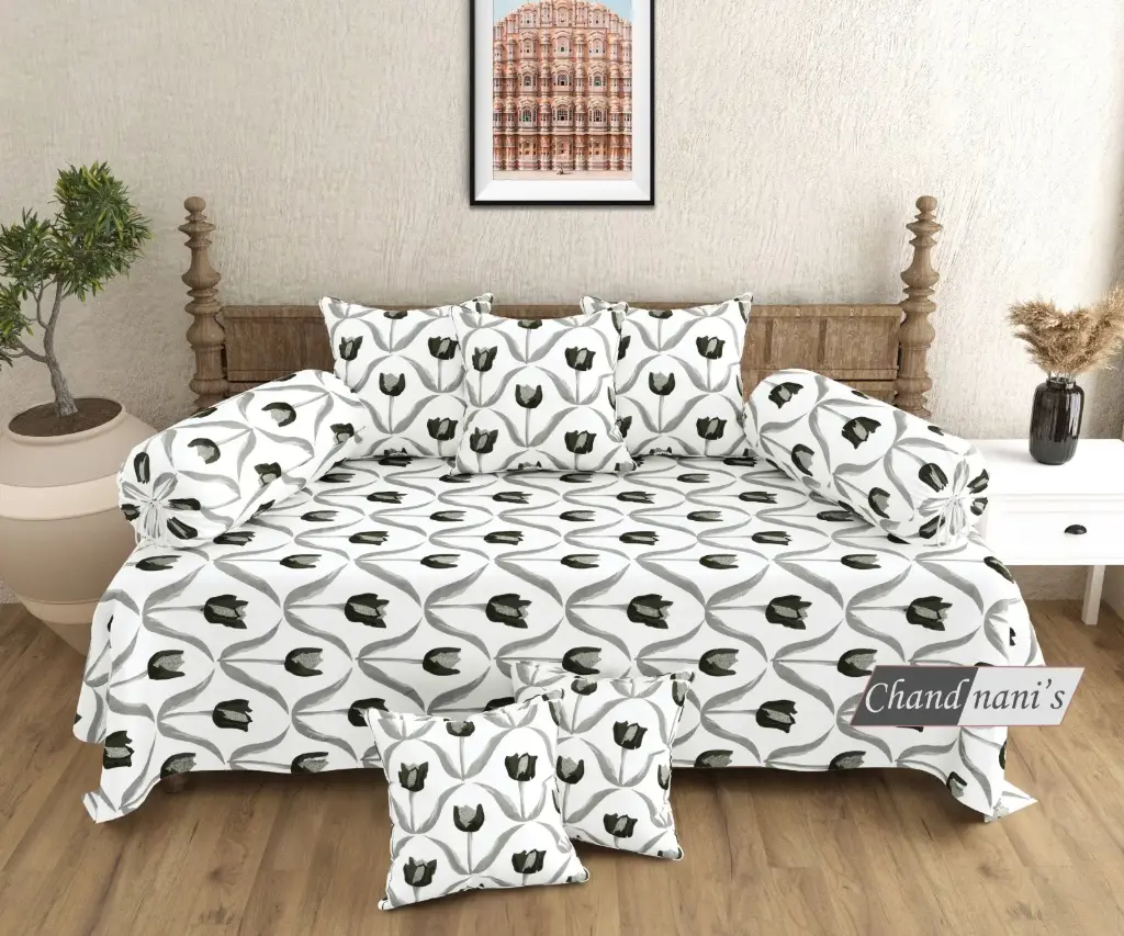 white/Super Home Premium Pure Cotton Diwan Set – 8 Pcs with Bedsheet, Cushion & Bolster Covers