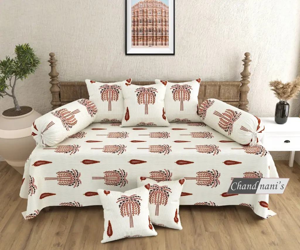 white/Super Home Stylish Pure Cotton Diwan Bedsheet Set of 8 Pcs with Cushion & Bolster Covers