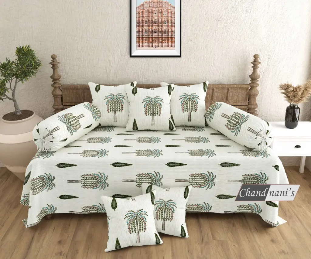 white/Super Home Luxury Pure Cotton Diwan Set 8 Pcs – Bedsheet, 5 Cushions & 2 Bolster Covers