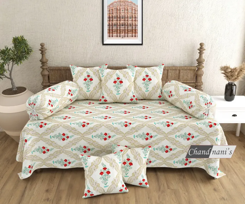 white/Super Home Designer 8 Pcs Diwan Set in Pure Cotton with Cushion & Bolster Covers