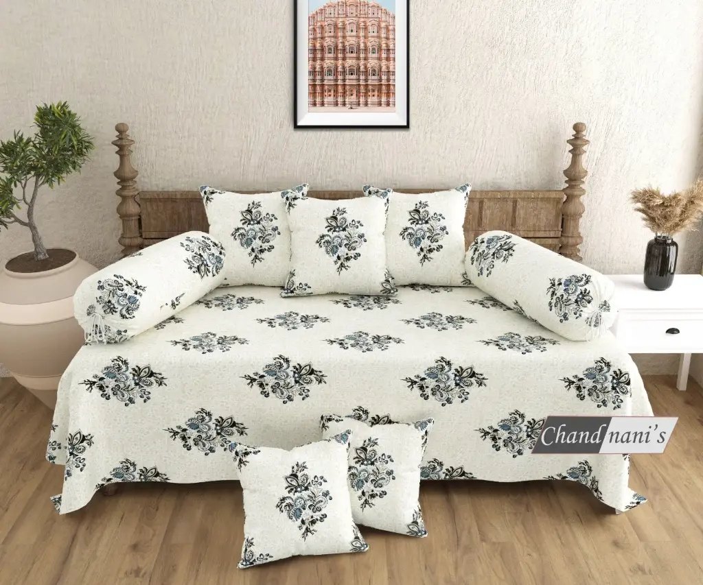white/Super Home Traditional Pure Cotton Diwan Set of 8 Pcs with Cushion & Bolster Covers
