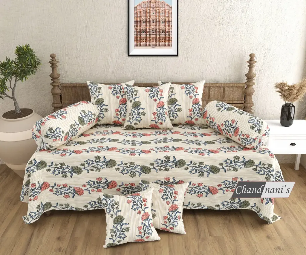 white/Super Home Traditional Pure Cotton Diwan Set of 8 Pcs with Cushion & Bolster Covers