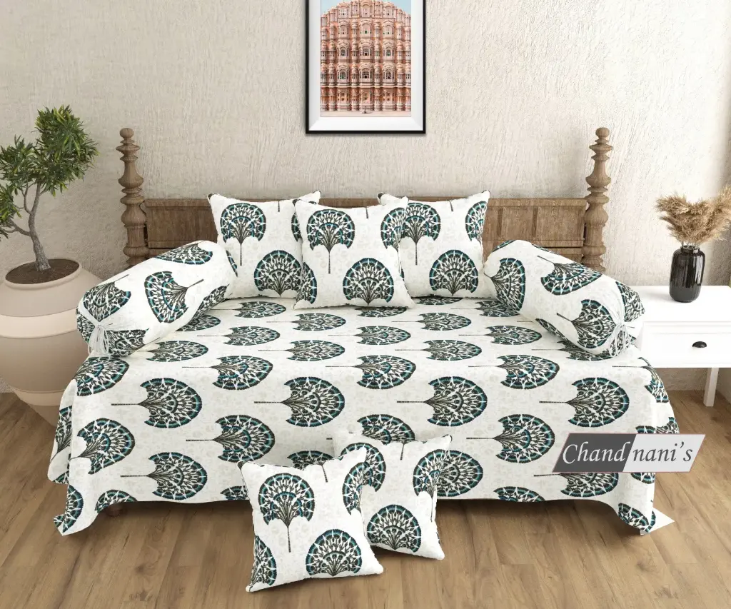 white/Super Home Traditional Pure Cotton Diwan Set of 8 Pcs with Cushion & Bolster Covers