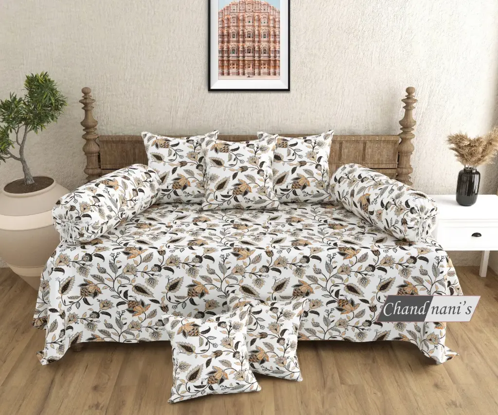 floral/Super Home Modern 8 Pcs Pure Cotton Diwan Bedsheet Set with Cushion & Bolster Covers