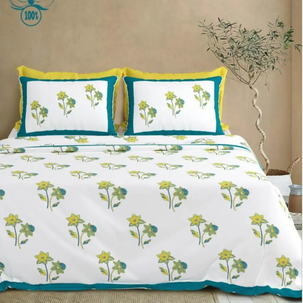white/blue/Super Home 100x108 King Size Pure Cotton Double Bed Bedsheet Online