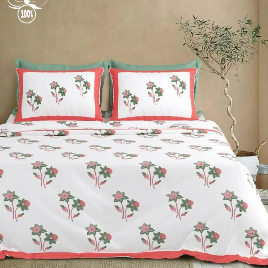 white-red/Super Home Designer Cotton Bedsheet 100x108 King Size for Bedroom Styling
