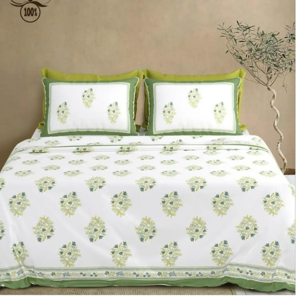 white-green/Super Home Designer Cotton Bedsheet 100x108 King Size for Bedroom Styling