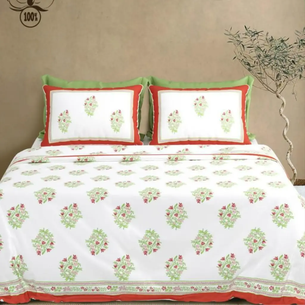 white-red/Super Home Comfortable 100x108 King Size Cotton Bedsheet for Daily Use