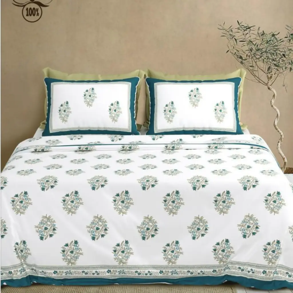 white-green/Super Home Long-Lasting Pure Cotton Bedsheet 100x108 King Size