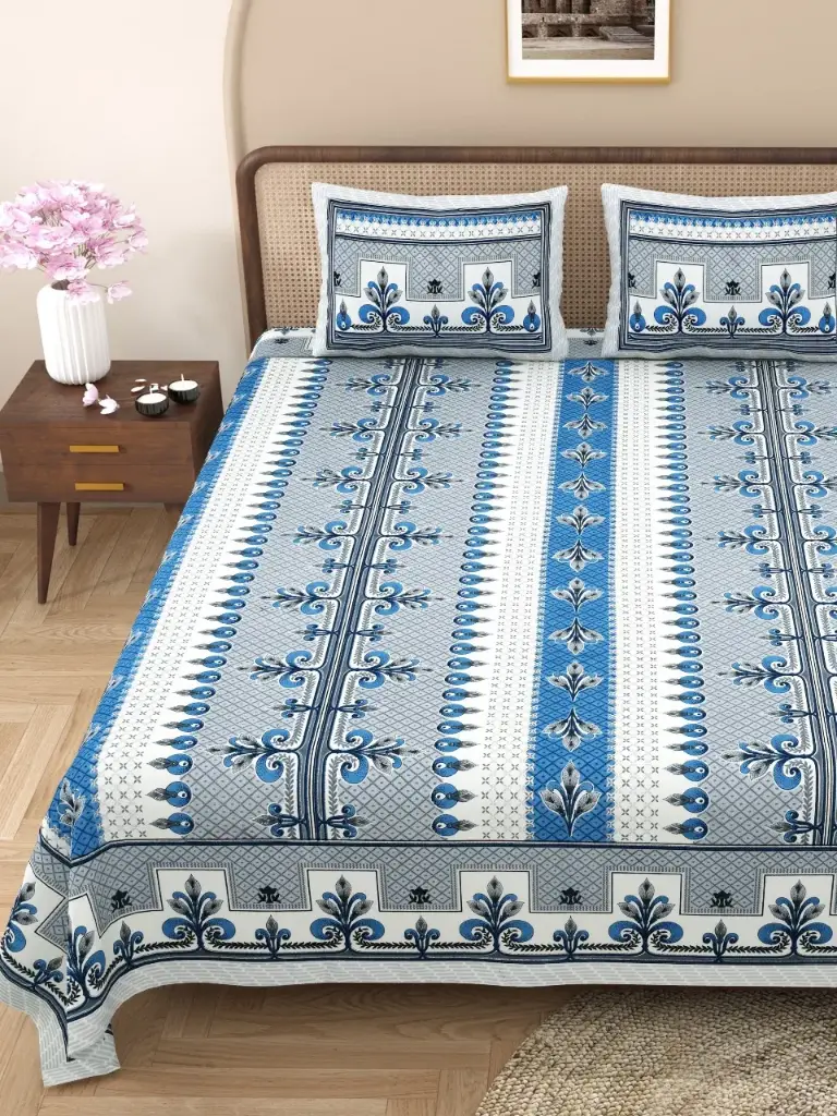 BLUE/Pure Cotton Super King Bedsheet 108x108 Inches with 2 Pillow Covers – Comfortable & Stylish/SUPERHOME