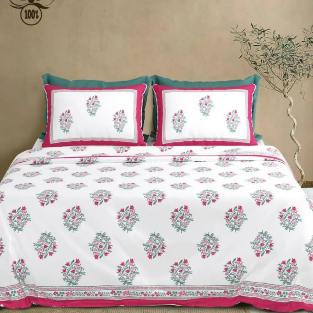 white-red/Super Home 100x108 Pure Cotton Bedsheet King Size for Everyday Luxury