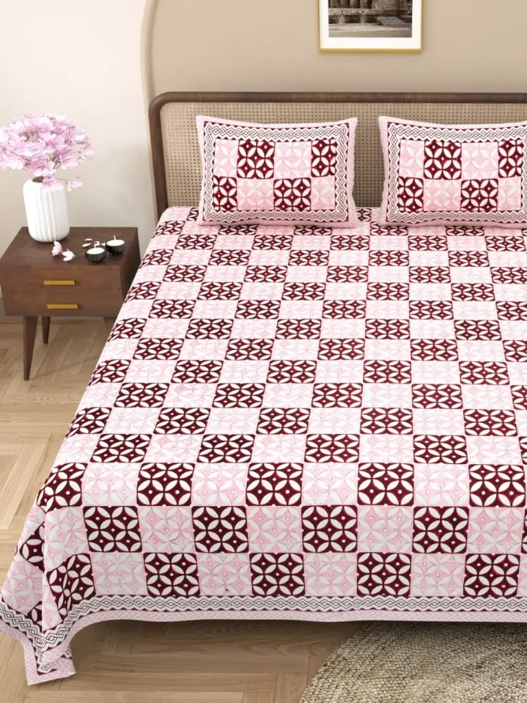 MAROON CHECKERED/Soft Cotton Bedsheet 108x108 Inches with 2 Pillow Covers – Perfect for King Size Bed/SUPERHOME