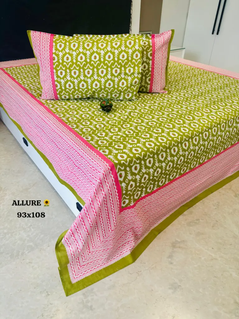 PINK/GREEN/Super Home Ethnic Jaipuri 93x108 Inches Bedsheet – Handcrafted Elegance for Your Bedroom