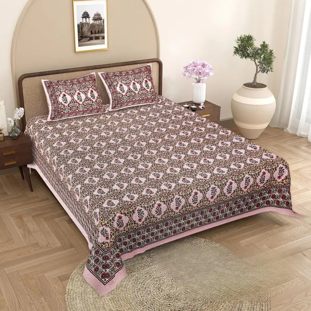 Pink | Super Home Elegant Floral Print 93x108 Inches Cotton Double Bedsheet Set