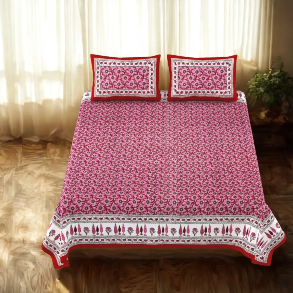 RED /Super Home 108x108 Inches King Size Bedsheet – Floral Printed Cotton